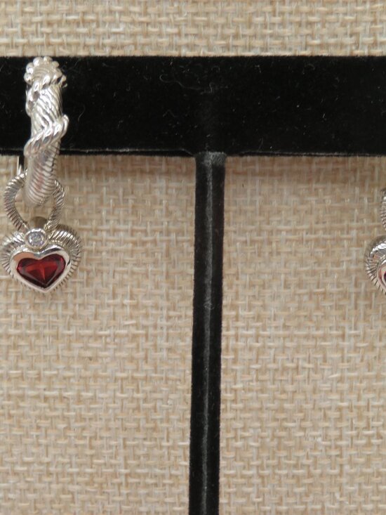 Judith Ripka Sterling Silver 925 Red CZ Heart Charm Hoop Earrings - Picture 3 of 9